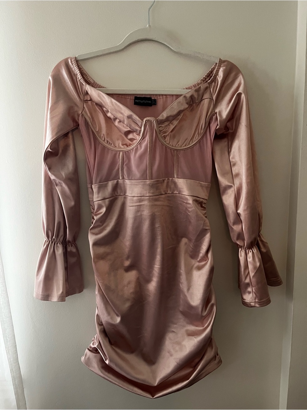 PrettyLittleThing Satin Blush Pink Long Sleeve Bodycon Dress
